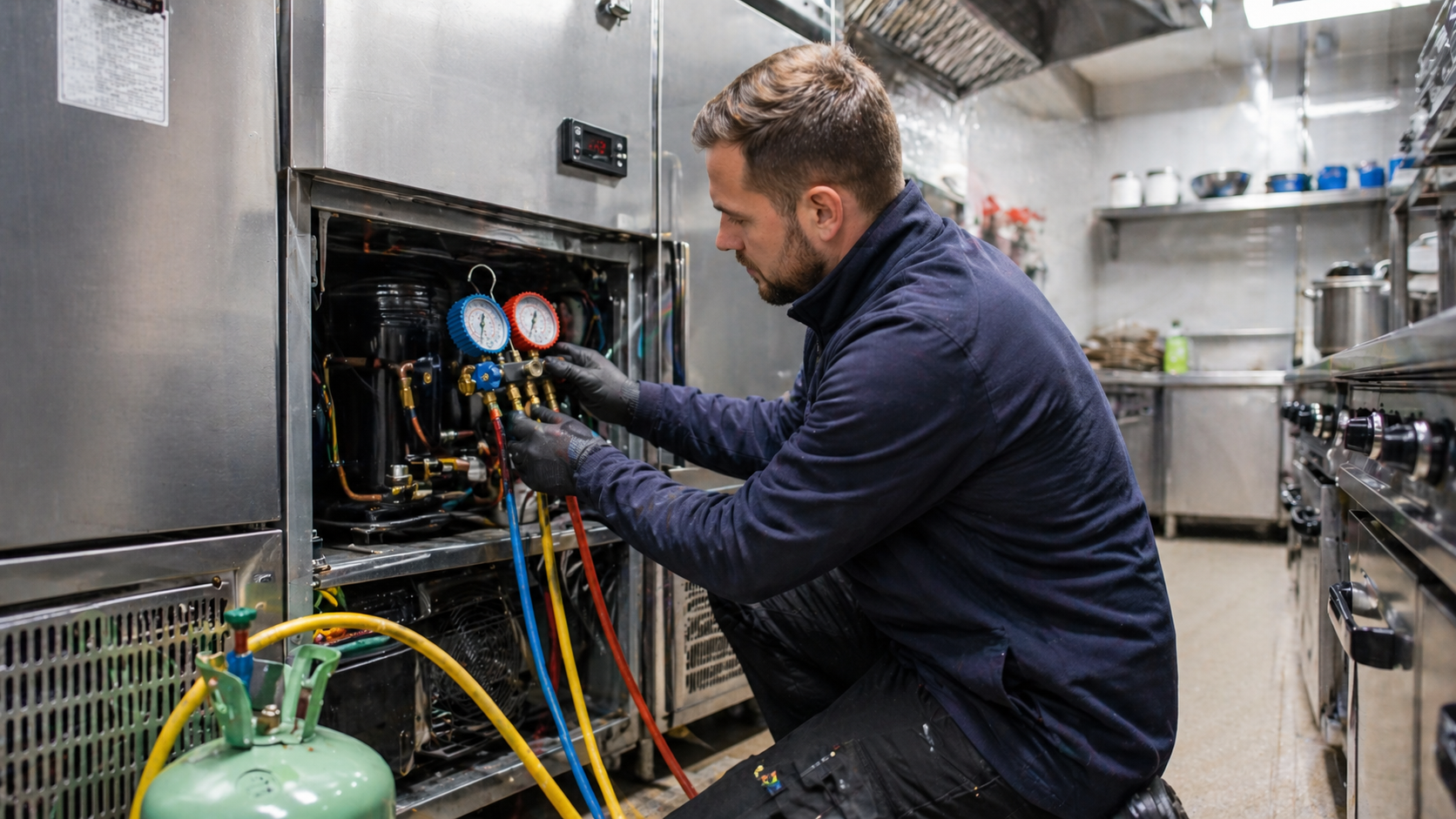 Engineer checking refrigerant gauges / F-Gas work