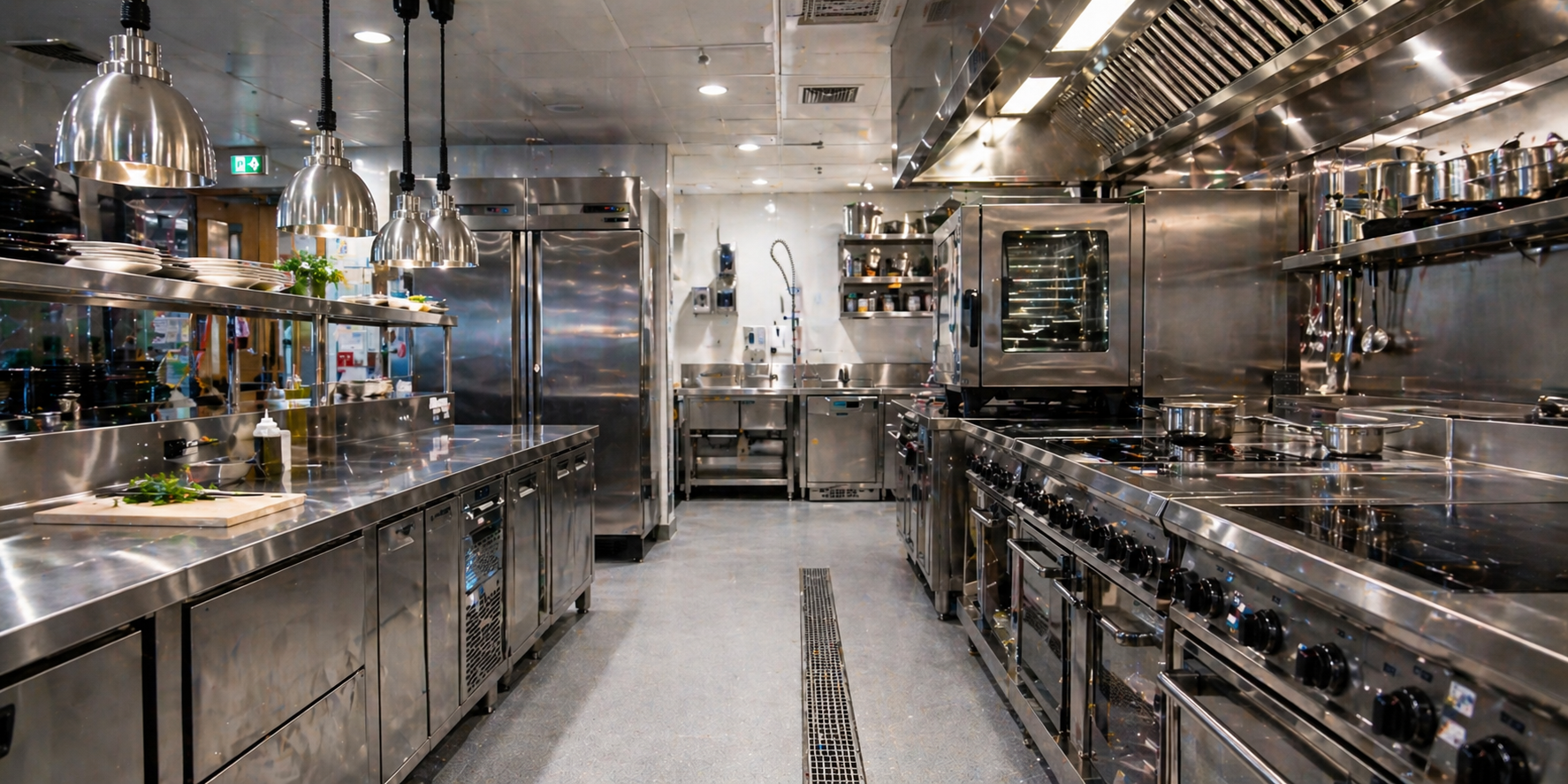 A pristine, fully commissioned commercial kitchen installation featuring new stainless steel cooking equipment and extraction systems