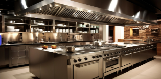 Pristine modern commercial kitchen with stainless steel equipment, cooking island, exhaust hood, and professional design