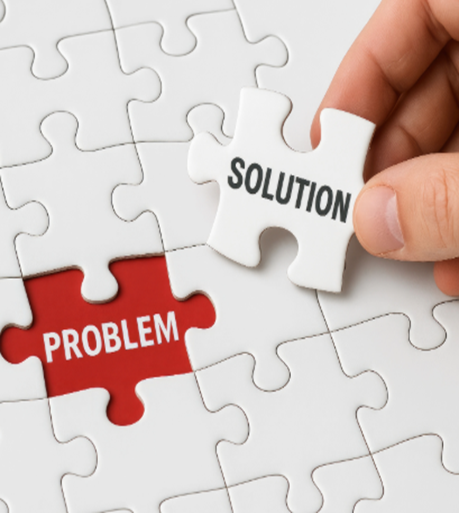 Problem and Solution puzzle piece concept illustrating first-time fix approach