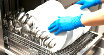 Commercial glasswasher and dishwasher units in kitchen setting